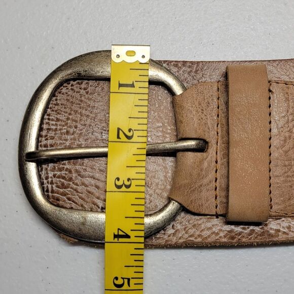 Sam Brown Wide Asymmetrical Tan Leather Belt Oversized Silver Buckle Boho - Picture 13 of 14